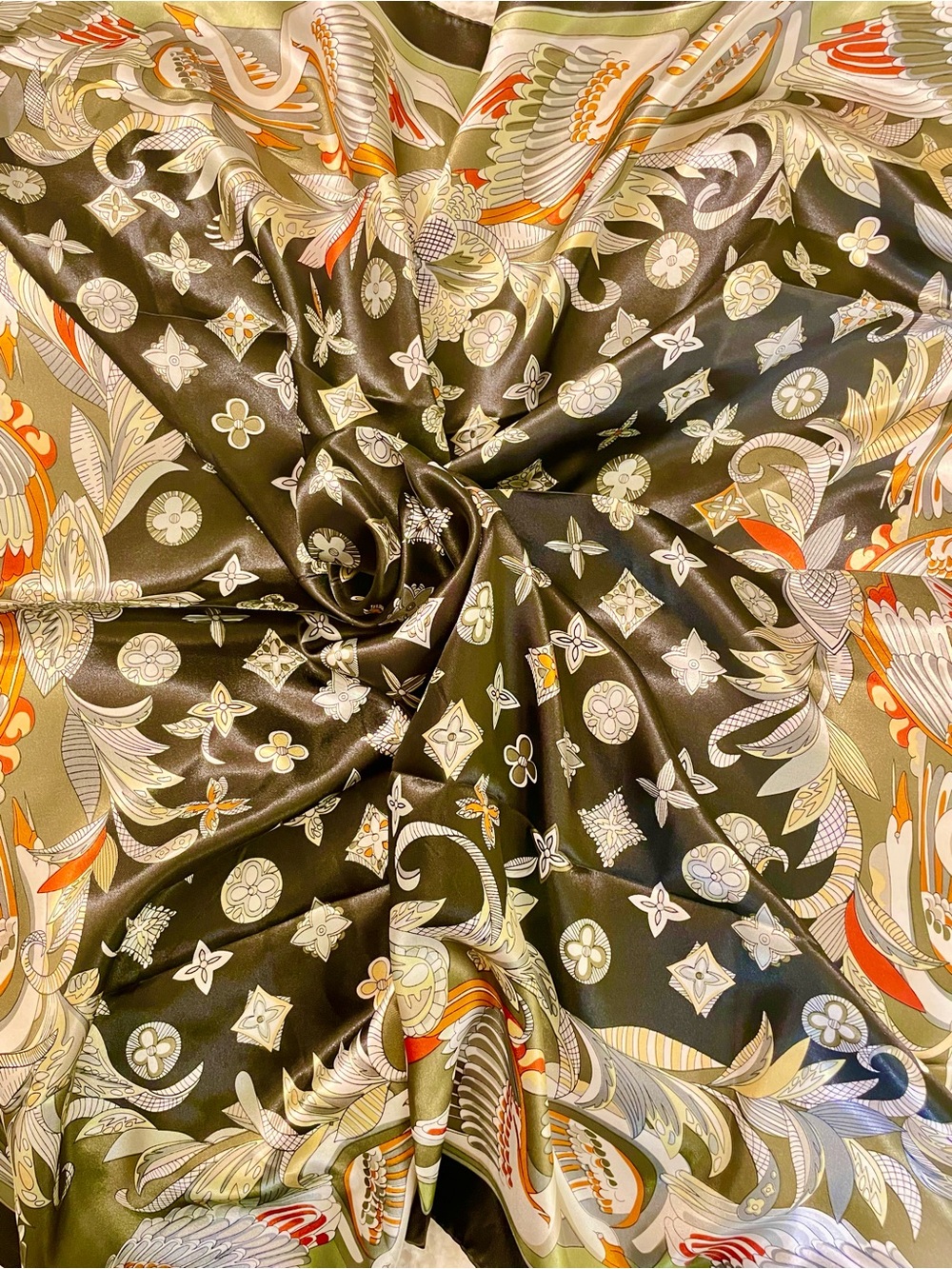Elegant Olive & Black Satin Square Scarf - Luxe Printed Wrap - Picture 4 of 5